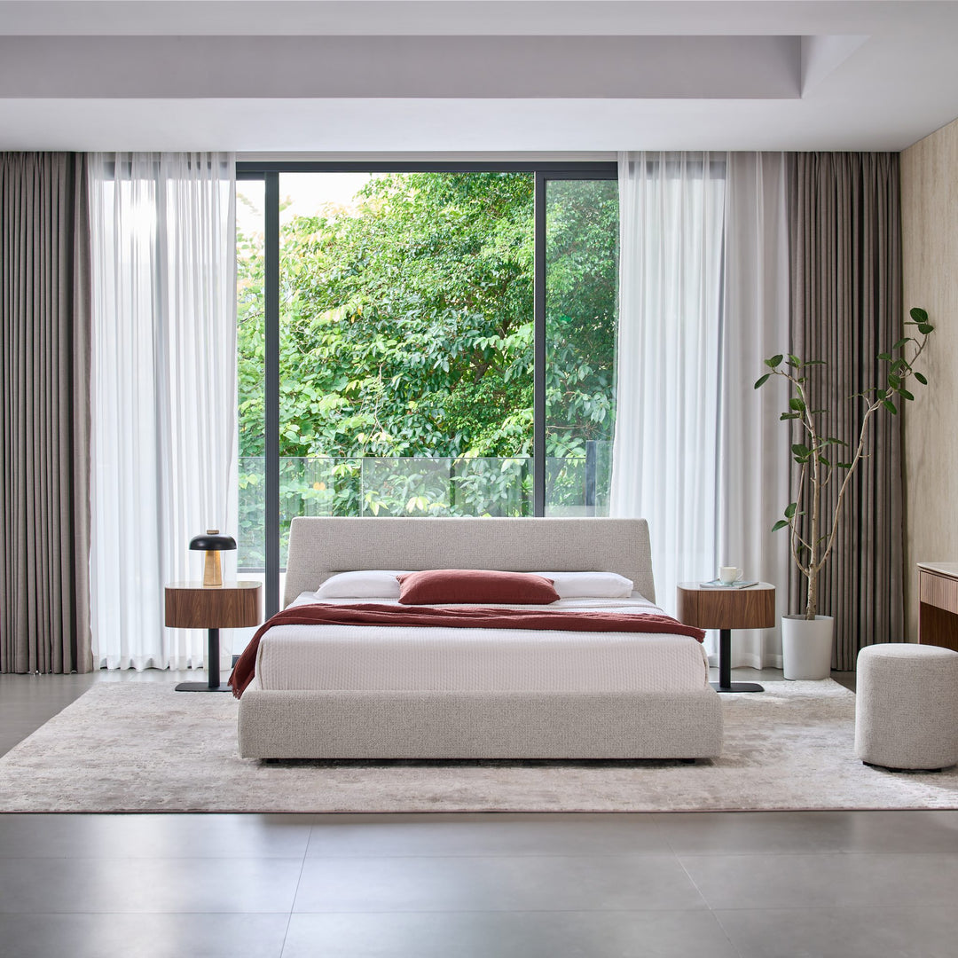 Brooklyn bed in light grey fabric, front view in a bedroom