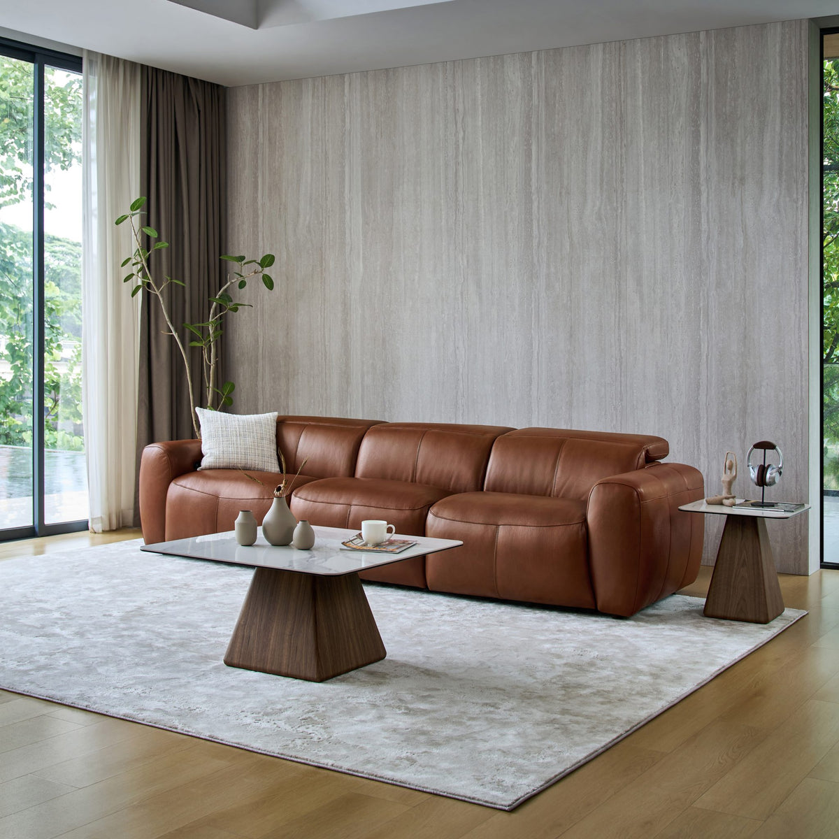 Cambridge 3 seat recliner sofa in tan leather, angle view