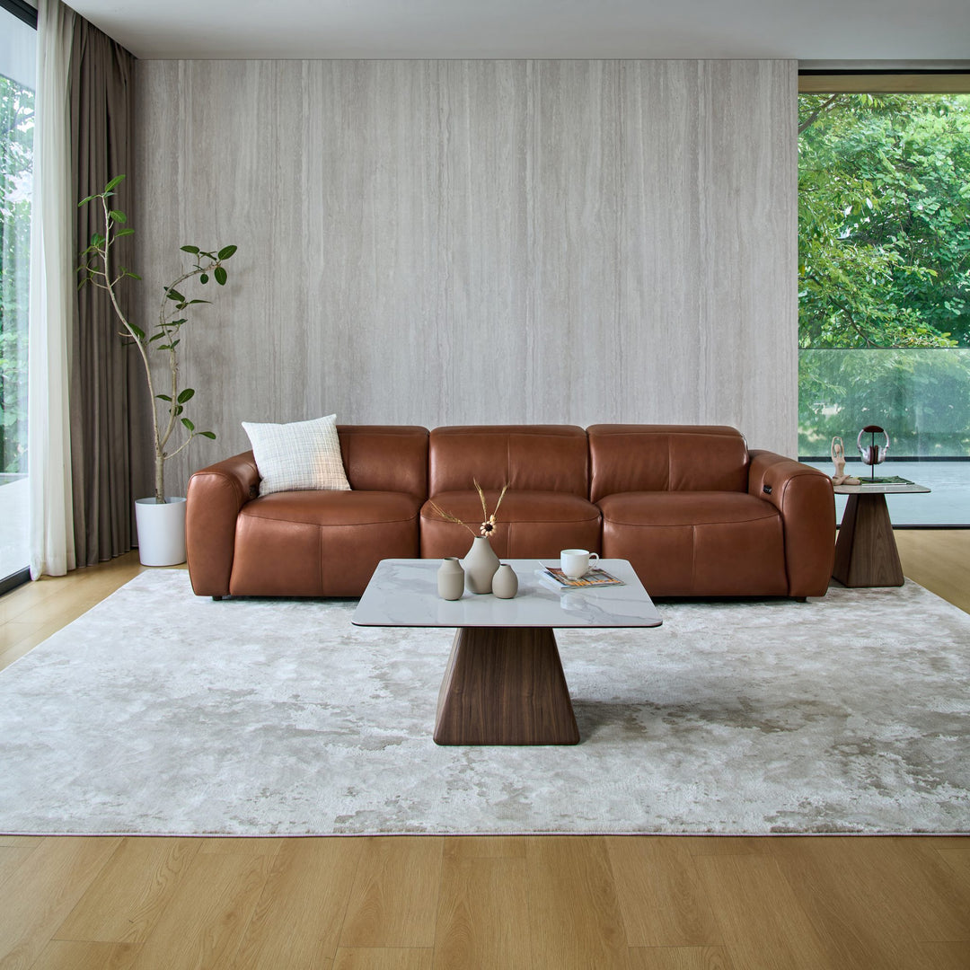 Cambridge 3 seat recliner sofa in tan leather in a living room