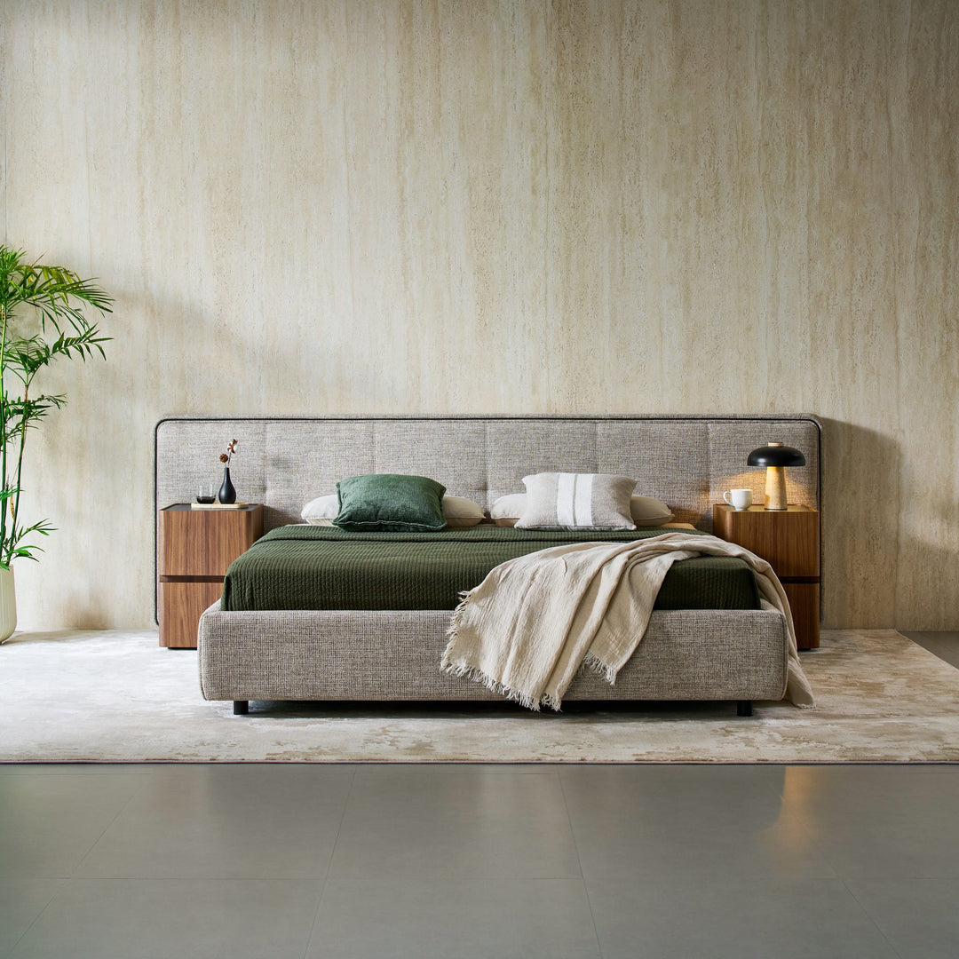 Clara Bed in FB-SANTI-130 light grey fabric, front view with its wide panelled headboard