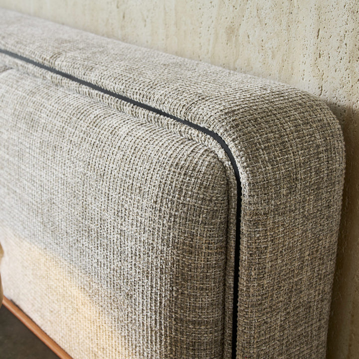 Close-up of the FB-SANTI-130 fabric and black trim on the Clara Bed headboard