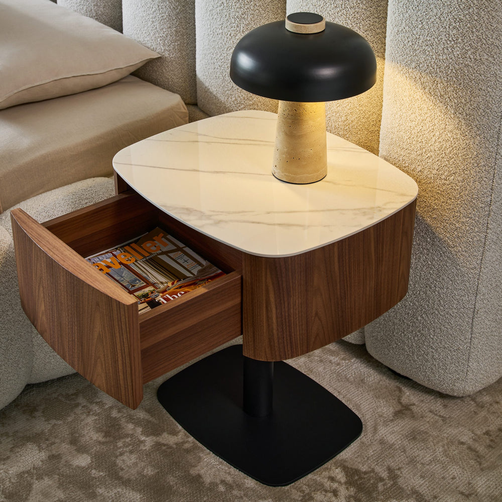 Faye Bedside Table beside the Aurora Bed headboard