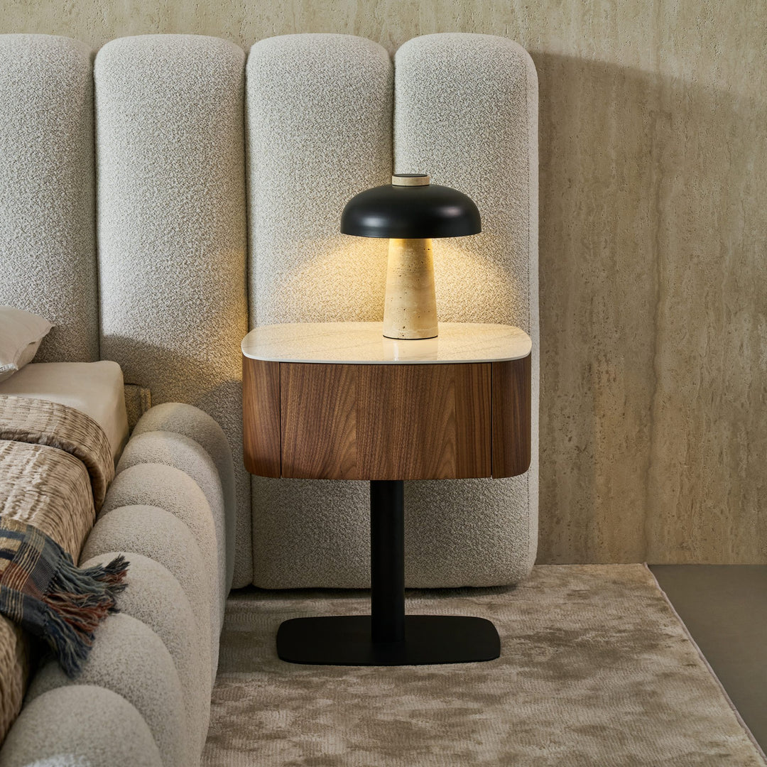 Aurora Bed headboard wing with the Faye Bedside Table