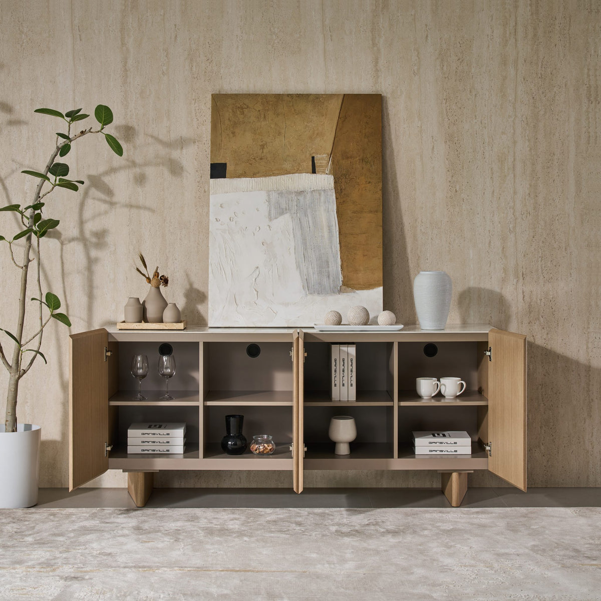Iris Buffet with doors open showing internal shelves and storage