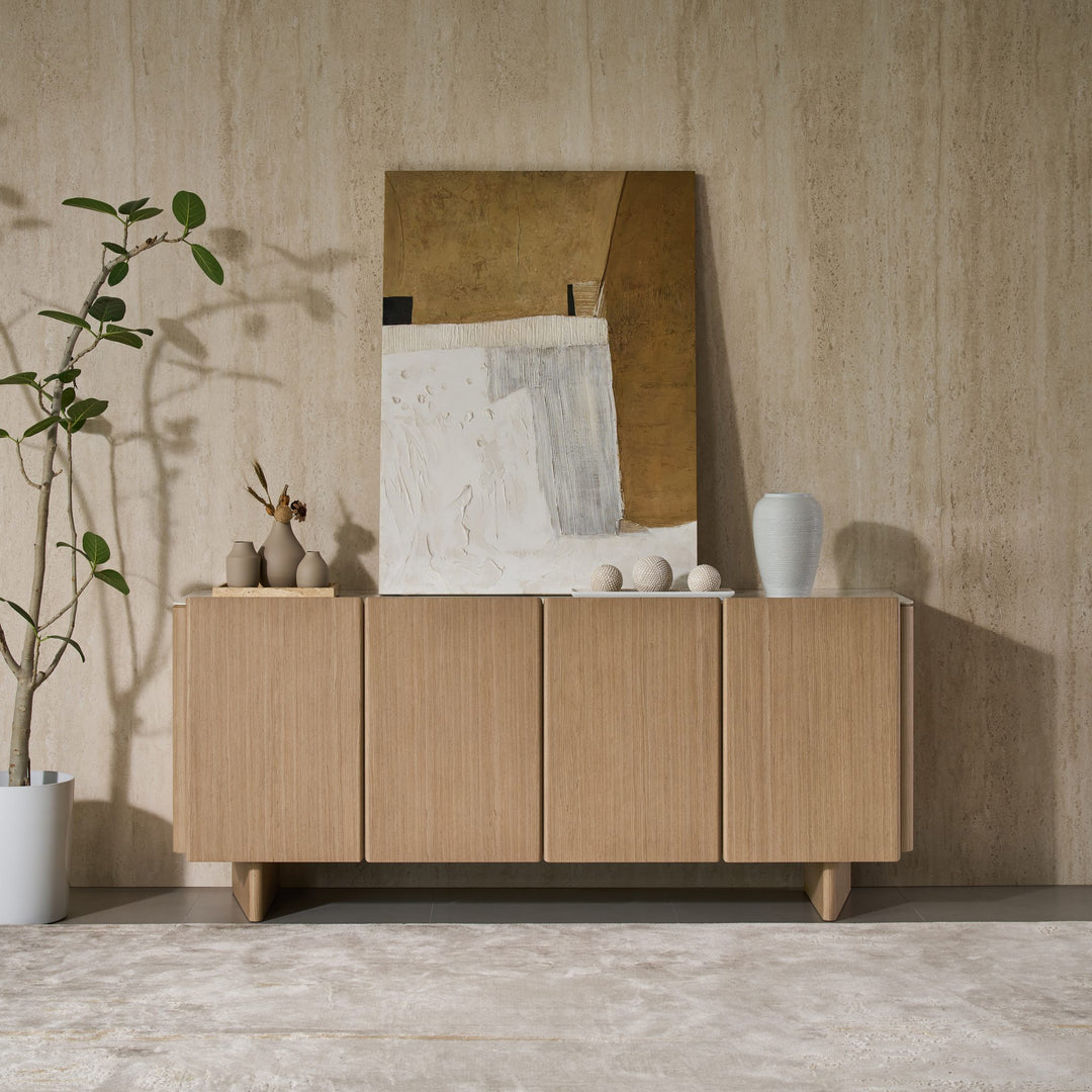 Iris Buffet in Boston Oak veneer with four handle-free doors, front view