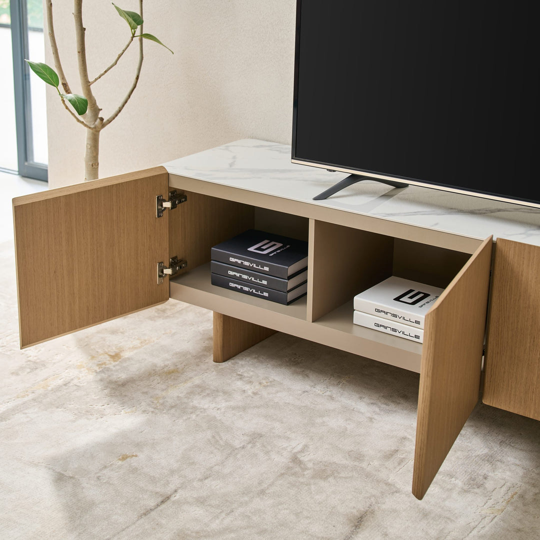 Iris TV Unit with two doors open, showing the shelved storage inside