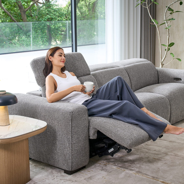 Close-up of a reclined Jeddah seat with the powered headrest raised