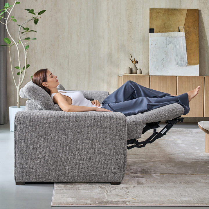 Side view of a fully reclined Jeddah seat in grey fabric