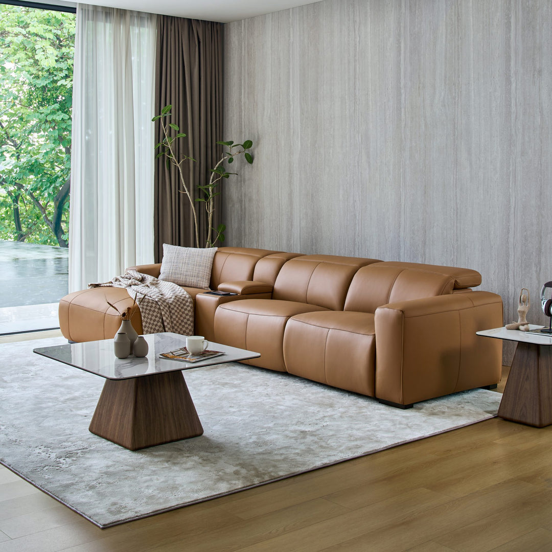 Jeddah recliner sofa in tan leather, angle view