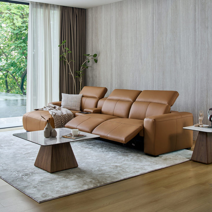 Jeddah recliner sofa in tan leather with two seats reclined