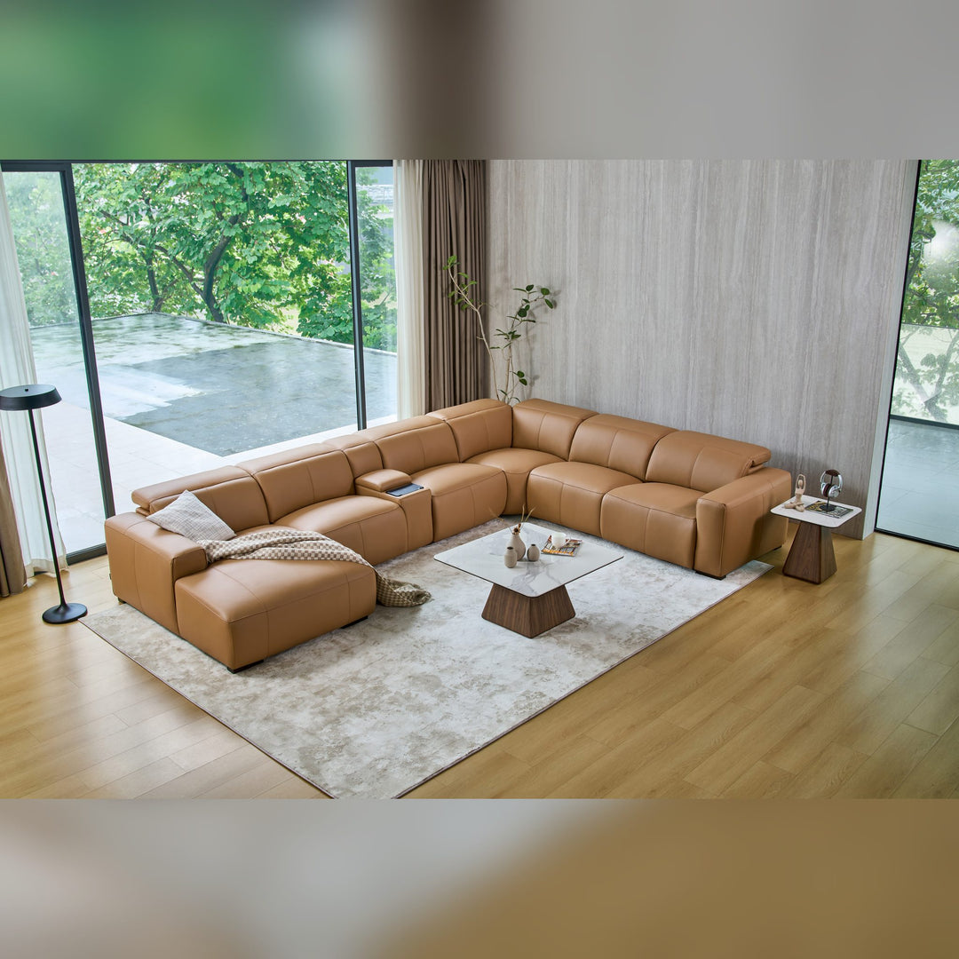 Overhead view of the Jeddah U-shape corner sofa with chaise in tan leather