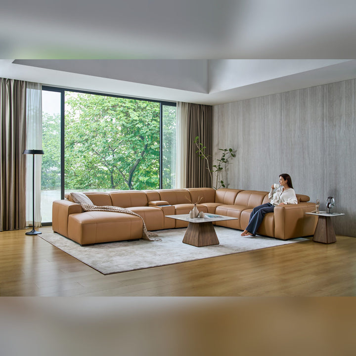 Jeddah U-shape corner sofa in tan leather, room view