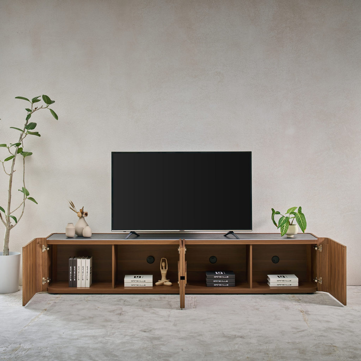 Persia TV Unit with all doors open showing storage and cable cut-outs