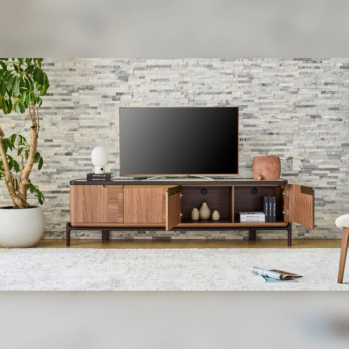 Rowan TV Unit with doors open showing open shelving and storage
