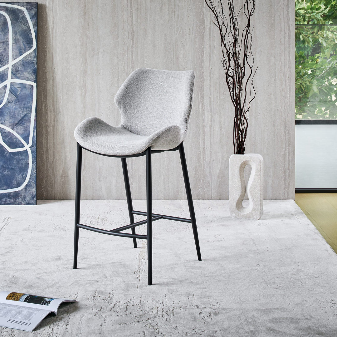 Viva Barstool in light grey fabric FB-BELFAST-040 with black metal legs and footrest, front angle