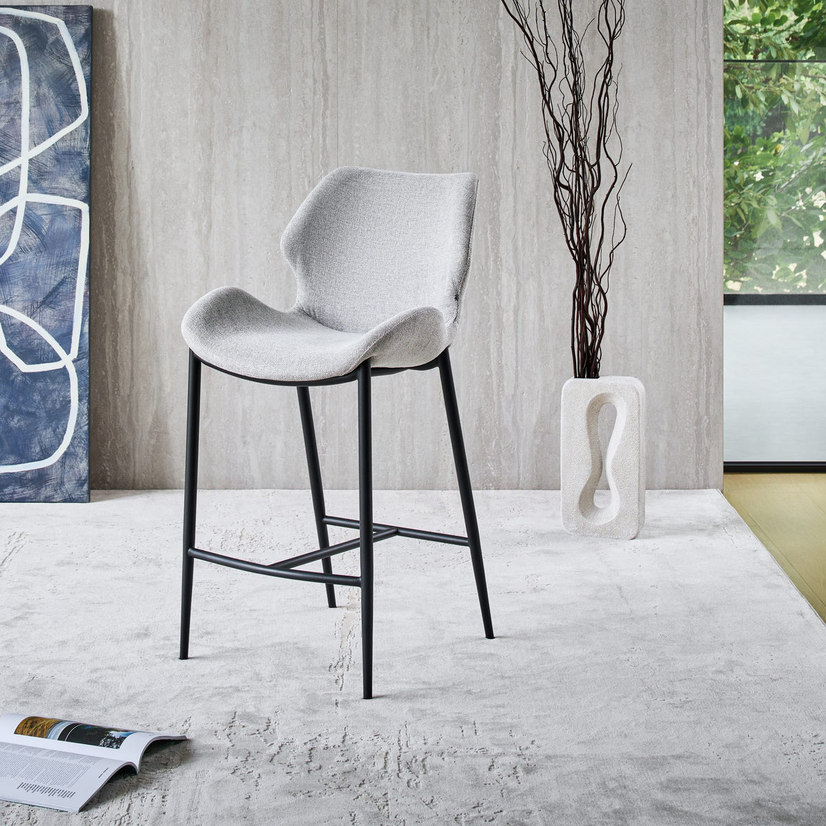 Viva Barstool in light grey fabric FB-BELFAST-040 with black metal legs and footrest, front angle